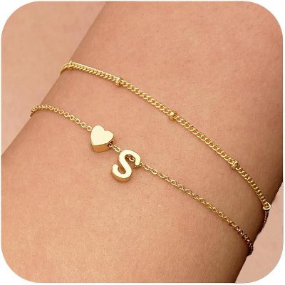 Dainty Initial Heart Gold Bracelets for Women Trendy, 14K Real Gold Letter Charm Bracelet Jewelry