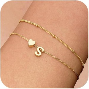 Dainty Initial Heart Gold Bracelets for Women Trendy, 14K Real Gold Letter Charm Bracelet Jewelry - 1 of 4