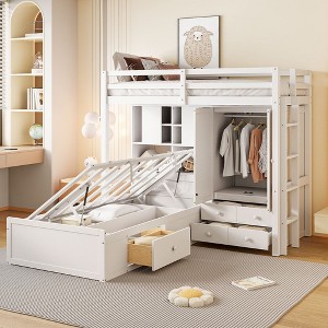 Twin Size Bunk Bed with Drawers, Wardrobe and Storage Shelves - 1 of 4