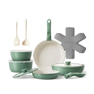 Aoibox 16-Piece Ceramic Cookware Set with Detachable Handles, Non-Toxic & Nonstick, Oven & Dishwasher Safe, Ideal for Camping & RV Use (Green) - 1 of 4