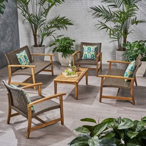Christopher Knight Home Hampton Outdoor Acacia Wood and Wicker 6 Seater Chat Set - 1 of 4