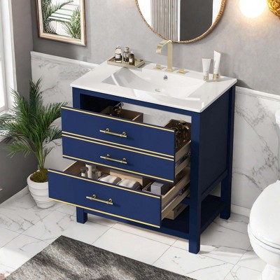 NicBex 29.9" Bathroom Vanity with Sink, Morden Bathroom Cabinet Storage with 2 Spacious Drawers and Open Shelf for Bathroom, Blue