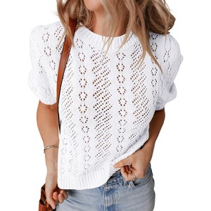 Womens Crochet Sweater with Crew Neck Lantern Short Sleeve Pullover Sweater Summer Tops for Women,White - M - 1 of 4