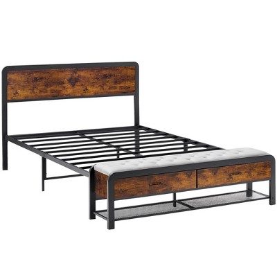 Metal Platform Bed Frame, with Wooden Headboard and 2 Storage Drawers, Heavy Duty Strong Support, No Box Spring Needed, Brown