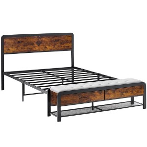 Metal Platform Bed Frame, with Wooden Headboard and 2 Storage Drawers, Heavy Duty Strong Support, No Box Spring Needed, Brown - 1 of 4