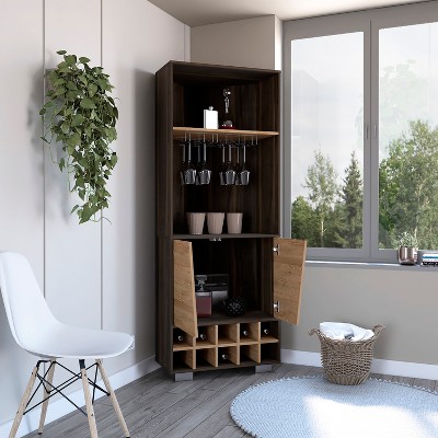 Vynxaria Fraktal Corner Bar Cabinet, Ten Built-in Wine Rack, Two Shelves, Double Door Dark Oak / Pine
