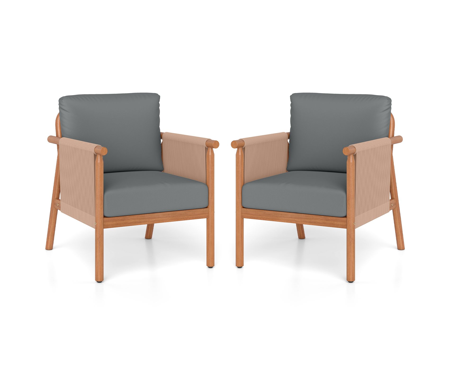 Gymax 2PCS Patio Armchair Acacia Wood w/ Seat Back Cushions Gray