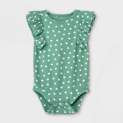 Baby Girls' Dot Rib Ruffle Short Sleeve Bodysuit - Cat & Jack™ Green 3-6M