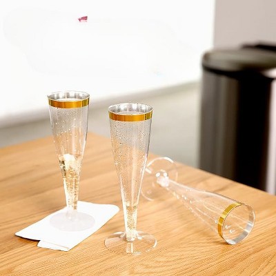 Gold Rimmed Glitter Plastic Champagne Flutes, 24 Pack