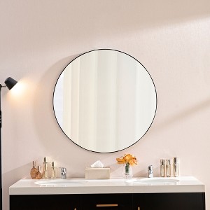 Okak 36IN Modern Round Mirror with Narrow Aluminum Frame, Wall Mount Bathroom Mirror, Vanity Mirror for Bathroom, Living Room, Black - 1 of 4