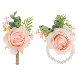 Unique Bargains Fabric Artificial Wedding Rose Flowers Wrist Corsage and Boutonnieres 2 Pcs - 1 of 4
