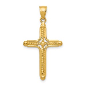 Black Bow Jewelry 14k Yellow Gold Solid 2D Budded Cable Cross Pendant, 18 x 36mm - 1 of 4