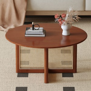 Syemin End Tables, Solid Wood Dining Table with Imitation Rattan for Dining Room Living Room Office, Red, 33.5"*33.5"*16.5" - 1 of 4