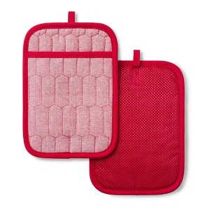 MARTHA STEWART Honeycomb Quilted Chambray Pot Holder 2-Pack Set, 100% Cotton, Flexible Non-Slip Silicone Grip, Heat Resistant, Red, 7"X10" - 1 of 4