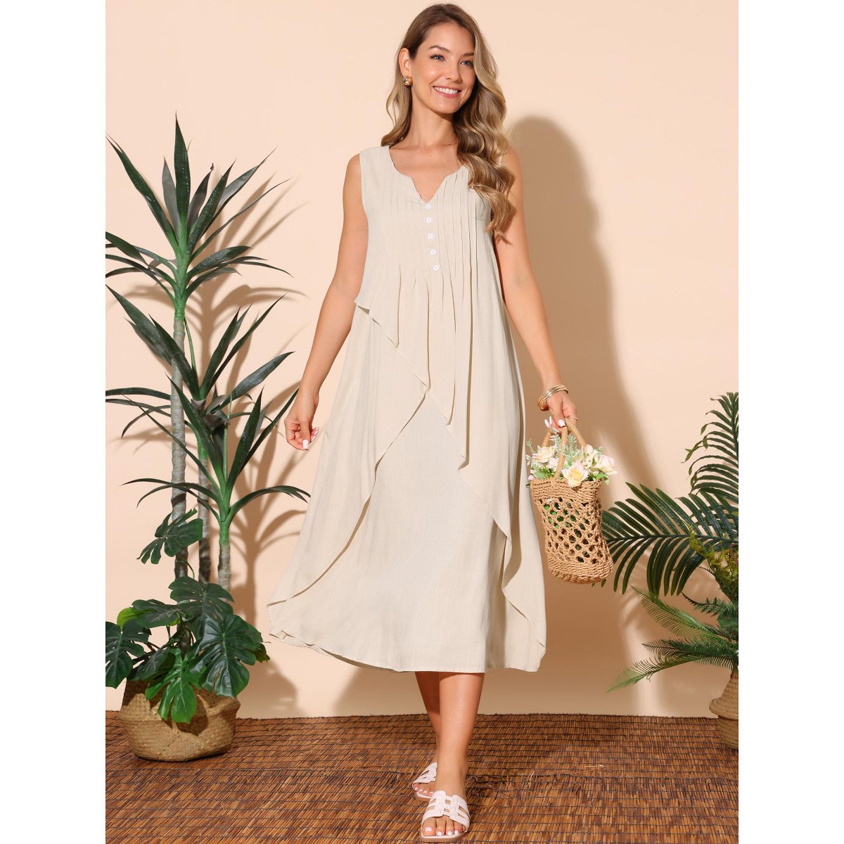 Женские платья INSPIRE CHIC Women's Summer Sleeveless V Neck Button Decor Flowy Maxi Tank Beach Dress Apricot Small 2 Packs Apricot/Black Small — фото 5