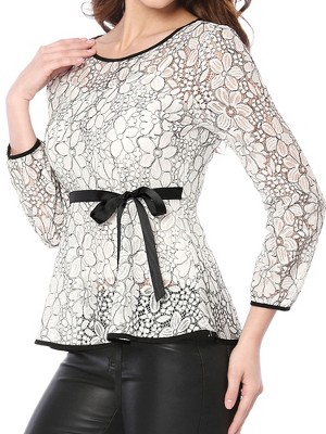 INSPIRE CHIC Women's Semi-Sheer Elegant Tie Waist Long Sleeve Floral Lace Peplum Blouses
