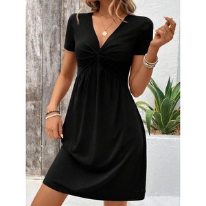 Women's Twist Front V Neck Short Sleeve Dress A Line Casual Short Dresses - 1 of 4