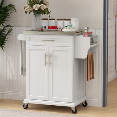 SKRAN Kitchen Island on Wheels, Rolling Kitchen Cart with Stainless Steel Countertop, Towel Rack and Spice Rack, Utility Storage Trolley, Cream White