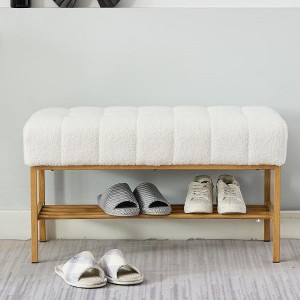 Vynxaria End of Bed Bench with Shelf, Teddy fabric Upholstered Storage Shoe Bench, Modern Bedroom Bench for Living Room, Entryway, Linen, White - 1 of 4