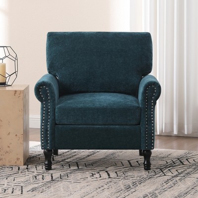 Beautyolove Dark Teal Chenille Upholstered Wood Frame Accent Chair Armchair with Turned Legs and Tufted Rolled Armrests