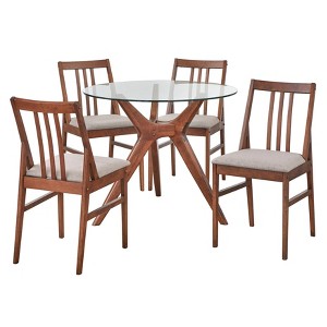 5pc Trita Round Dining Set Walnut - Lifestorey: Mid-Century Modern, Glass Top, 4 Chairs - 1 of 4