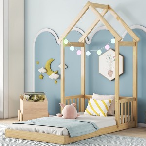 VASIP Kids House-Shaped Roof Headboard Twin Floor Bed - Low Profile Modern Design, No Slats Needed, Natural Furniture for Bedroom - 1 of 4