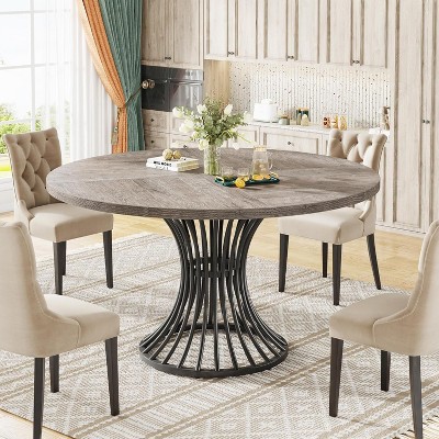 Okak Rustic Industrial Large Round Dining Table with Sturdy Metal Base,Minimalist Kitchen Dinner Table for Dining Room,Breakfast Nook
