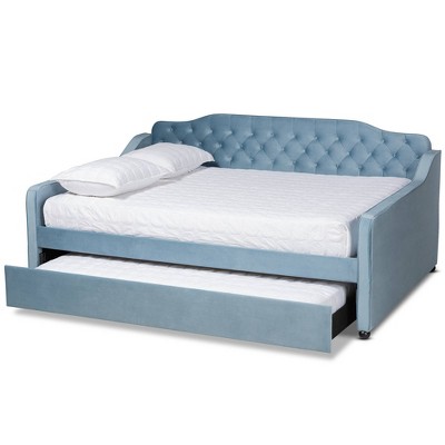 Light Blue Velvet Upholstered Tufted Full Daybed with Trundle