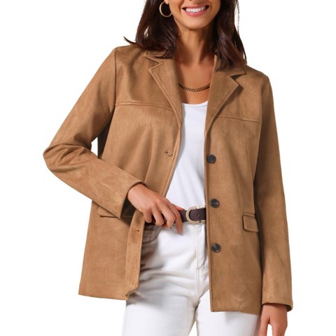 INSPIRE CHIC Women's Faux Suede Vintage Button Down Notched Lapel Long Sleeve with Pockets Blazer Brown XX-Large