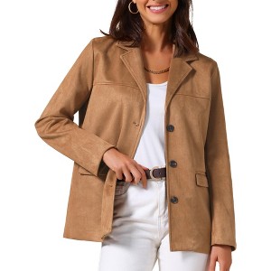 INSPIRE CHIC Women's Faux Suede Vintage Button Down Notched Lapel Long Sleeve with Pockets Blazer - 1 of 4