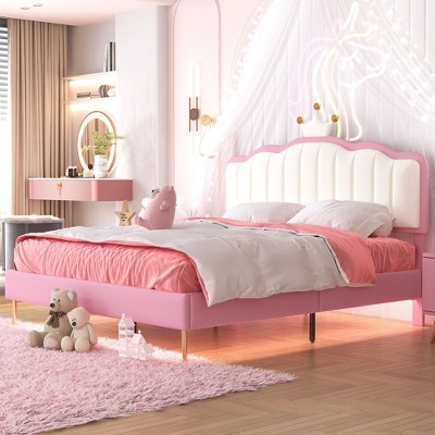 NicBex Twin/Full Size Princess Upholstered Bed Frame with Crown-Shaped Headboard and LED Light for Girls,Solid Wood Slats Support,Easy Assembly