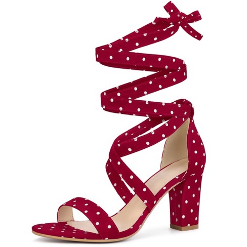 Allegra K Women's Polka Dots Lace Up Chunky Heels Sandals Red 6