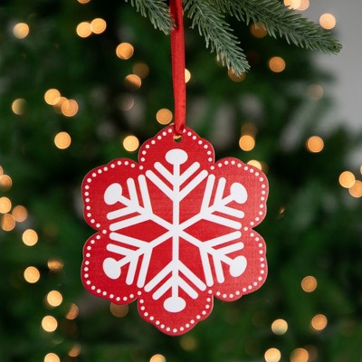 Red and White Wooden Snowflake Christmas Ornament with Polka Dots