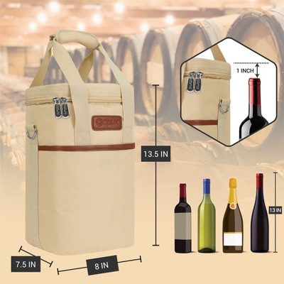 Cream Beige Insulated 4-Bottle Wine Tote Carrier with PU Leather Trim