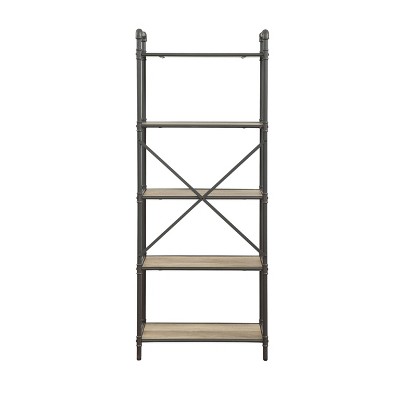 Urban Industrial 5-Tier Antique Oak & Sandy Gray Wooden Bookcase