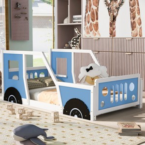 1pc Twin Car Bed Frame, Solid Wood + MDF Platform with Decorative Wheels, No Box Spring Needed - Baofuwish - 1 of 4