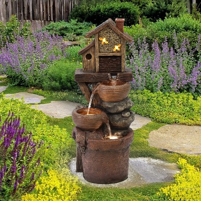 Rustic Brown Resin Birdhouse Outdoor Fountain with LED Lights