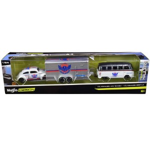 Volkswagen Samba Bus Dark Gray Met. & White & Volkswagen Beetle White & Enclosed Car Trailer Silver "Toyo Tires" 1/64 Diecast Model Cars by Maisto - 1 of 1