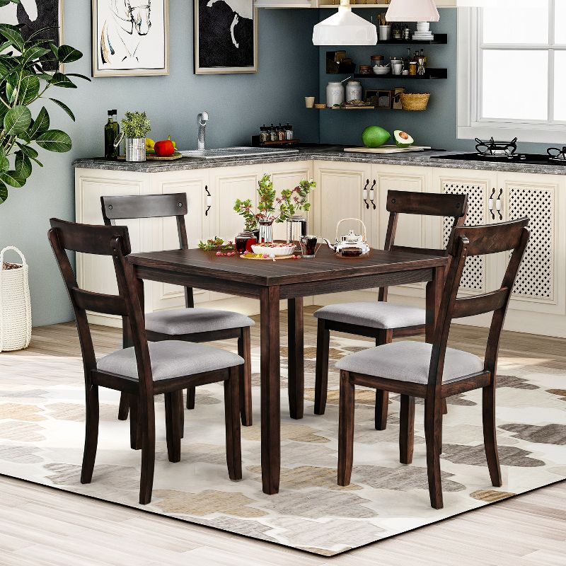 Modernluxe 5 Piece Industrial Dining Table Set Wooden Kitchen Table and 4 Chairs Espresso, 2 of 13