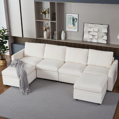 ODK Modular Sectional Sofa, Comfy L-Shaped Convertible Sleeper Sofa Bed with Ottoman, Modern 6-Seater Sectional Couch for Living Room, Beige