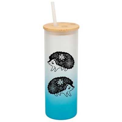 Elanze Designs Woodland Floral Hedgehog Sky Blue Frosted Gradient Glass Tumbler with Bamboo Lid & Straw 25 ounce Reusable Iced Coffee or Water Cup,