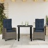 vidaXL 3pc Gray Poly Rattan Patio Dining Set with Adjustable Chairs & Tempered Glass Tabletop - Comfortable Navy Blue Cushions - 2 of 4