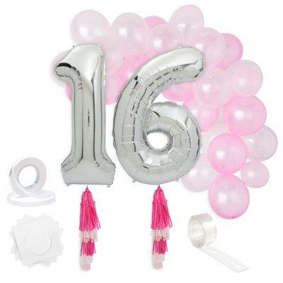 Sparkle and Bash 39 Pieces 16th Birthday Party Decorations, Number 16 Balloons with Tassel Tail