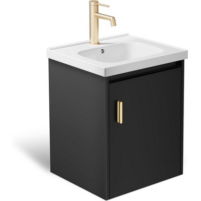 phiestina 16" Black Small Bathroom Vanity, Fully Pre-Assembled with Ceramic Sink, Soft Close Door, No Faucet Included