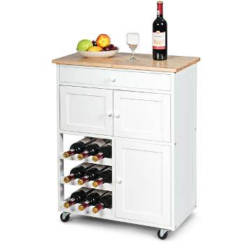 Tangkula Modern Rolling Kitchen Cart Trolley Island Storage Cabinet w/Drawer&Wine Rack