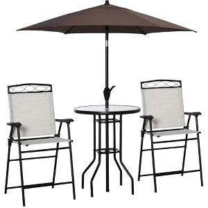 Outsunny 4 Piece Patio Bar Set for 2 with 6' Adjustable Tilt Umbrella, Outdoor Bistro Set with Folding Chairs & Glass Round Dining Table - 1 of 4