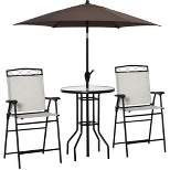 Outsunny 4 Piece Patio Bar Set for 2 with 6' Adjustable Tilt Umbrella, Outdoor Bistro Set with Folding Chairs & Glass Round Dining Table, Beige