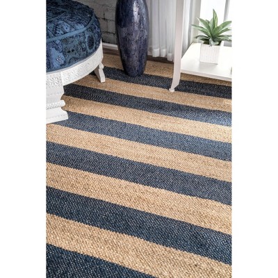 Denim Blue Striped Reversible Flat Woven Jute Runner Rug, 2' 6" x 8'