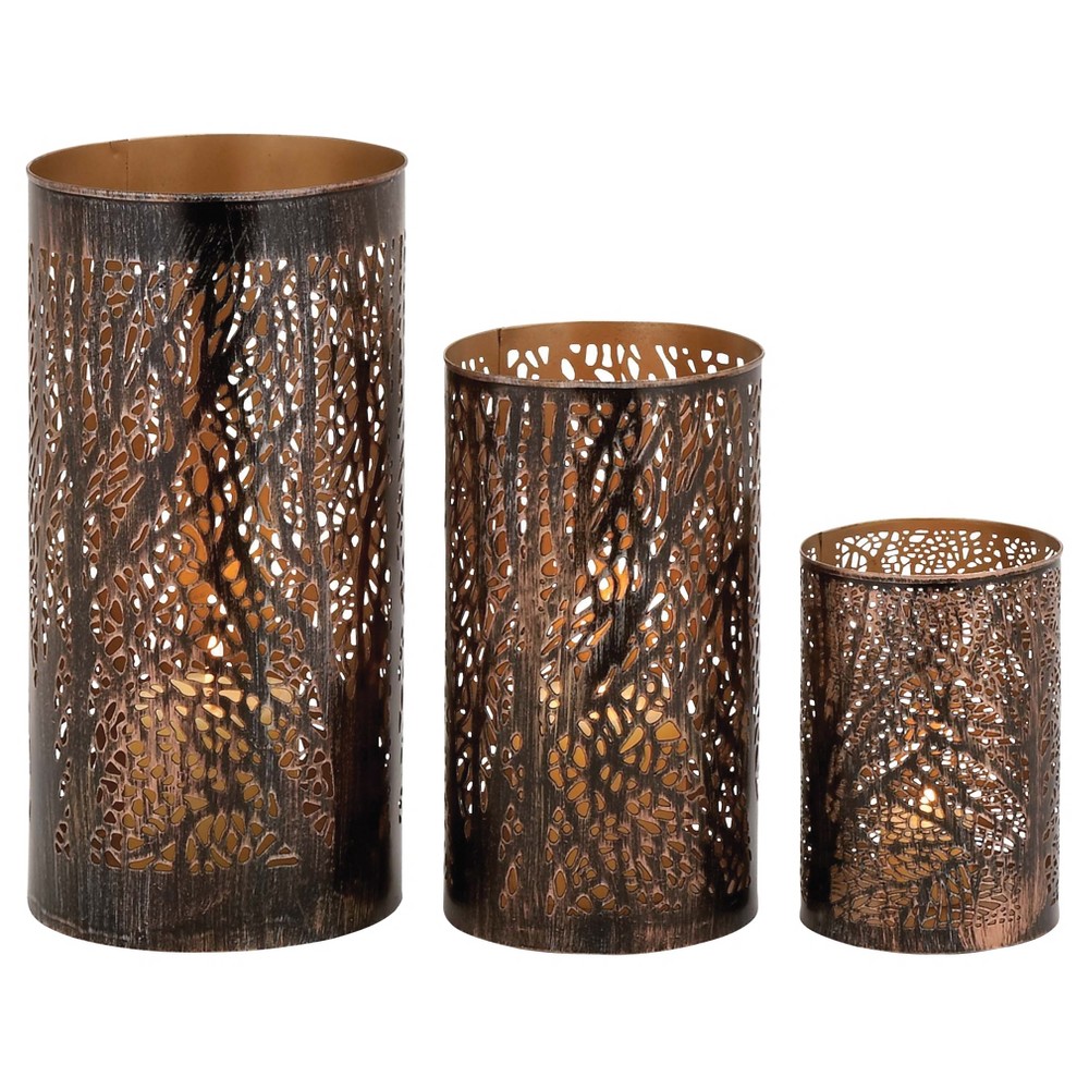 Photos - Figurine / Candlestick Set of 3 Leafy Cylindrical Contemporary Metal Candle Holders Brown - Olivi