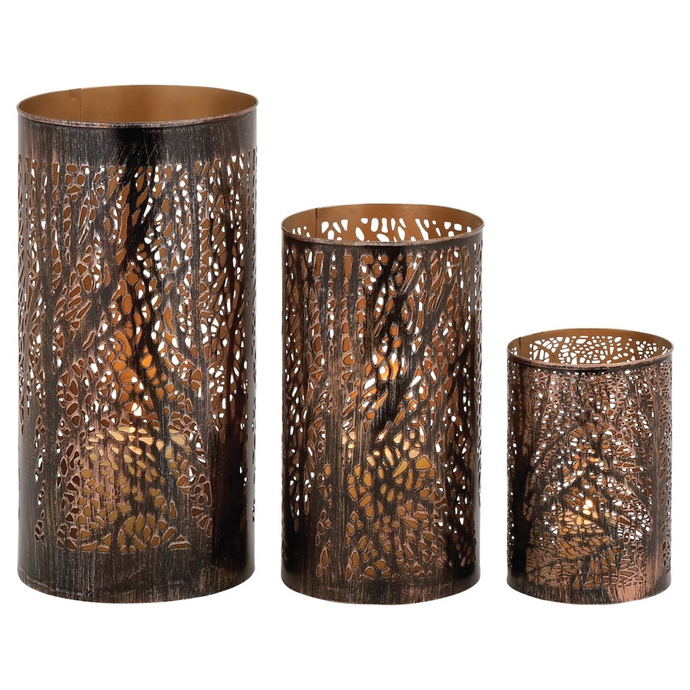 Olivia & May Set of 3 Leafy Cylindrical Contemporary Metal Candle Holders Brown Sturdy Base, Indoor Use